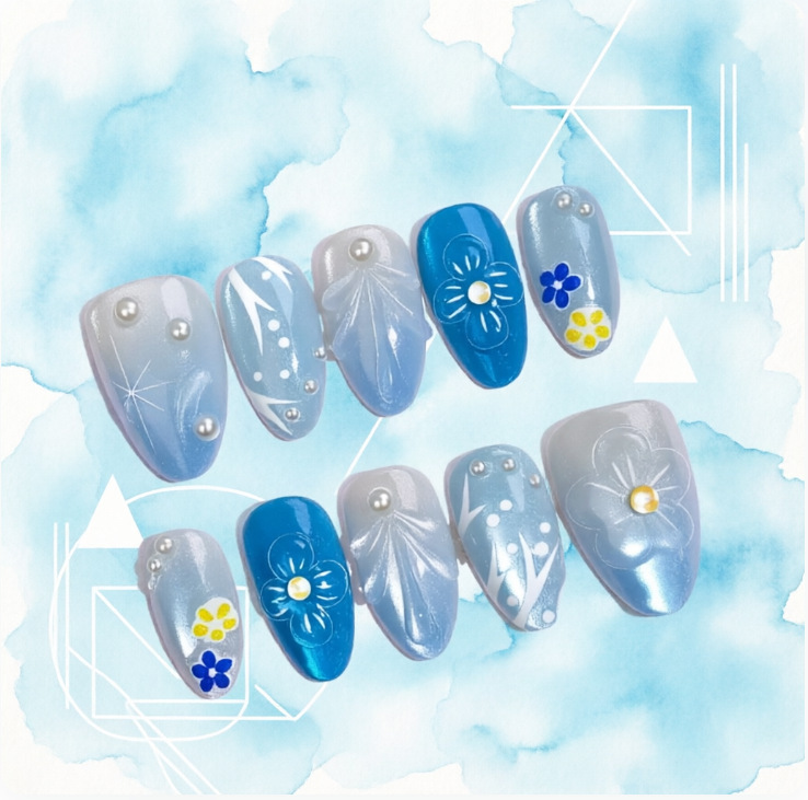 Ocean-Style Blue Floral Carved Nail Stickers, European and American Ins-Style 3D High-End Exquisite Sweet-Cool Style Press-On Nails Ocean-Style Blue Floral Carved Nail Stickers, European and American Ins-Style 3D High-End Exquisite Sweet-Cool Style Press-On Nails