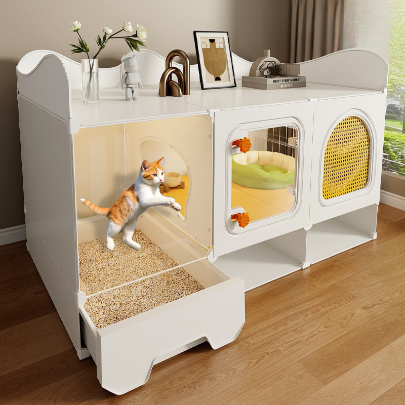 고양이 케이지, 넓은 공간, 침실 1개, 거실 1개, 욕실 1개, 고양이 둥지와 화장실이 모두 집 안에 있는 실내 빌라