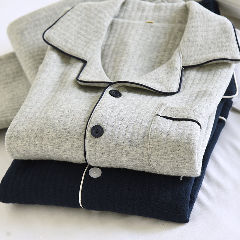 Air Layer plus size Men's Pajamas Long-sleeved Trousers Cotton-quilted Simple Spring and Autumn Mid-thick Cotton Home Clothes Autumn and Winter New