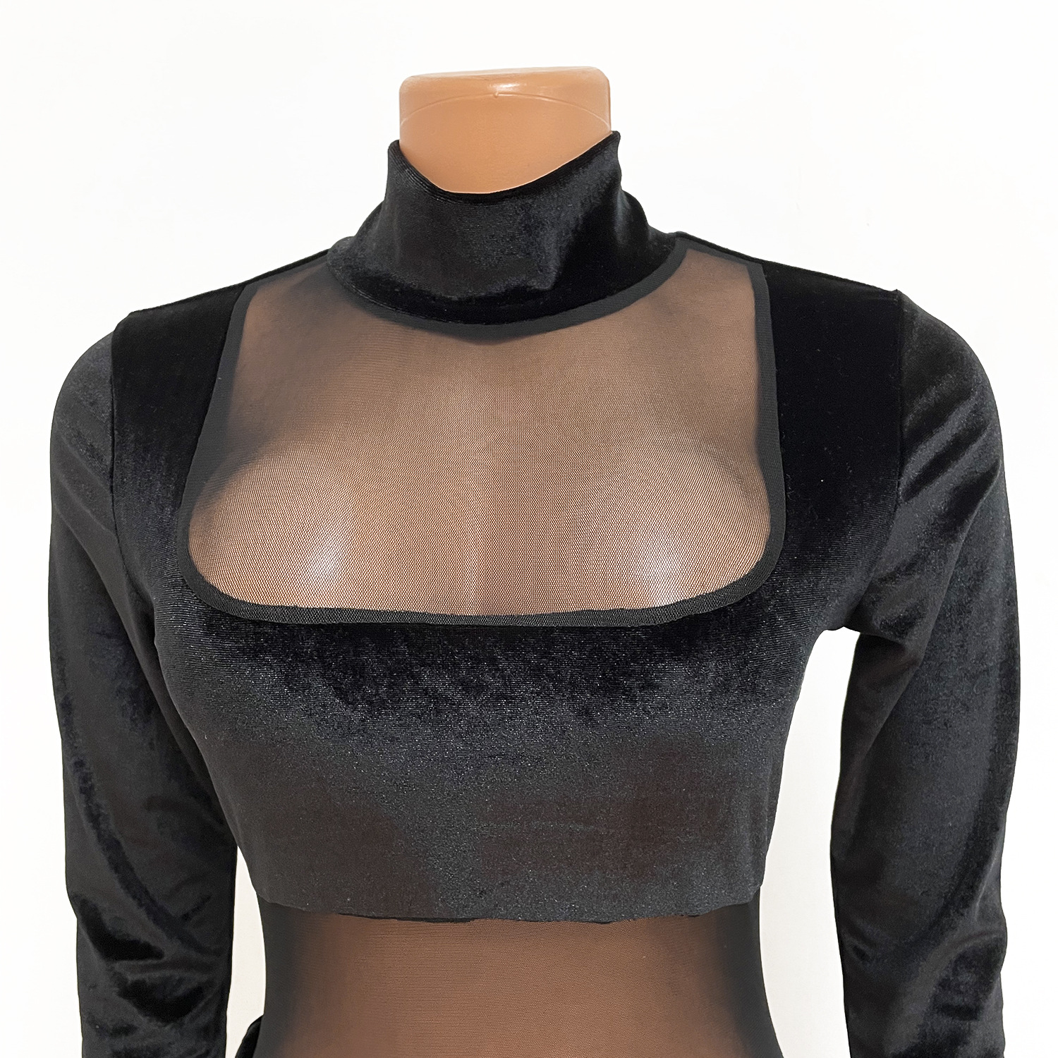 Women's fashion sexy mesh velvet splicing solid color jumpsuit_voghion.com