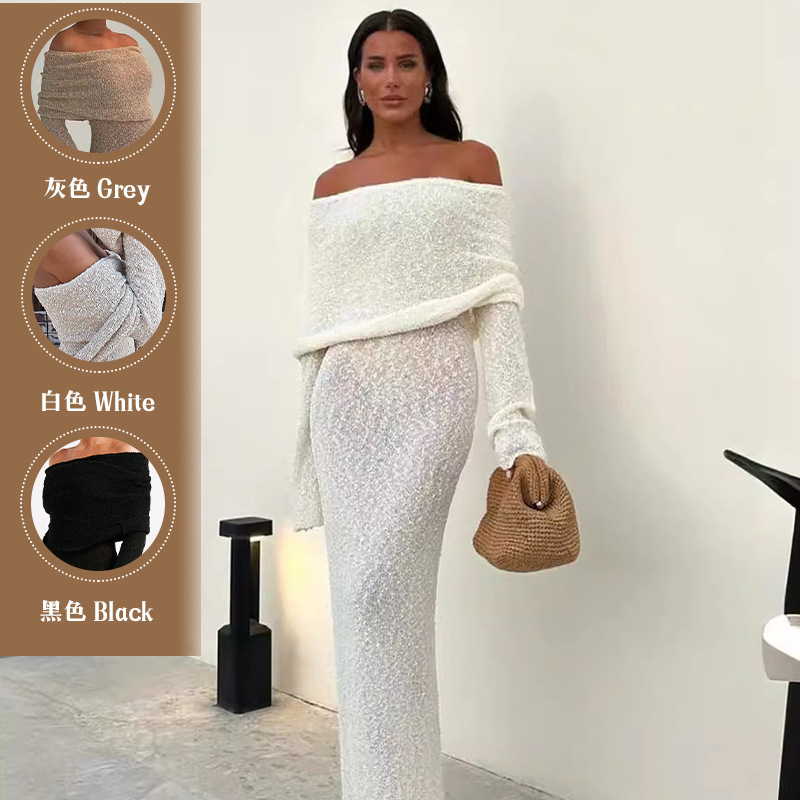 European and American Cross-Border Style Beach Vacation Sexy Long Skirt Knitted Hollow One-Line Collar Long Dress Blouse for Women