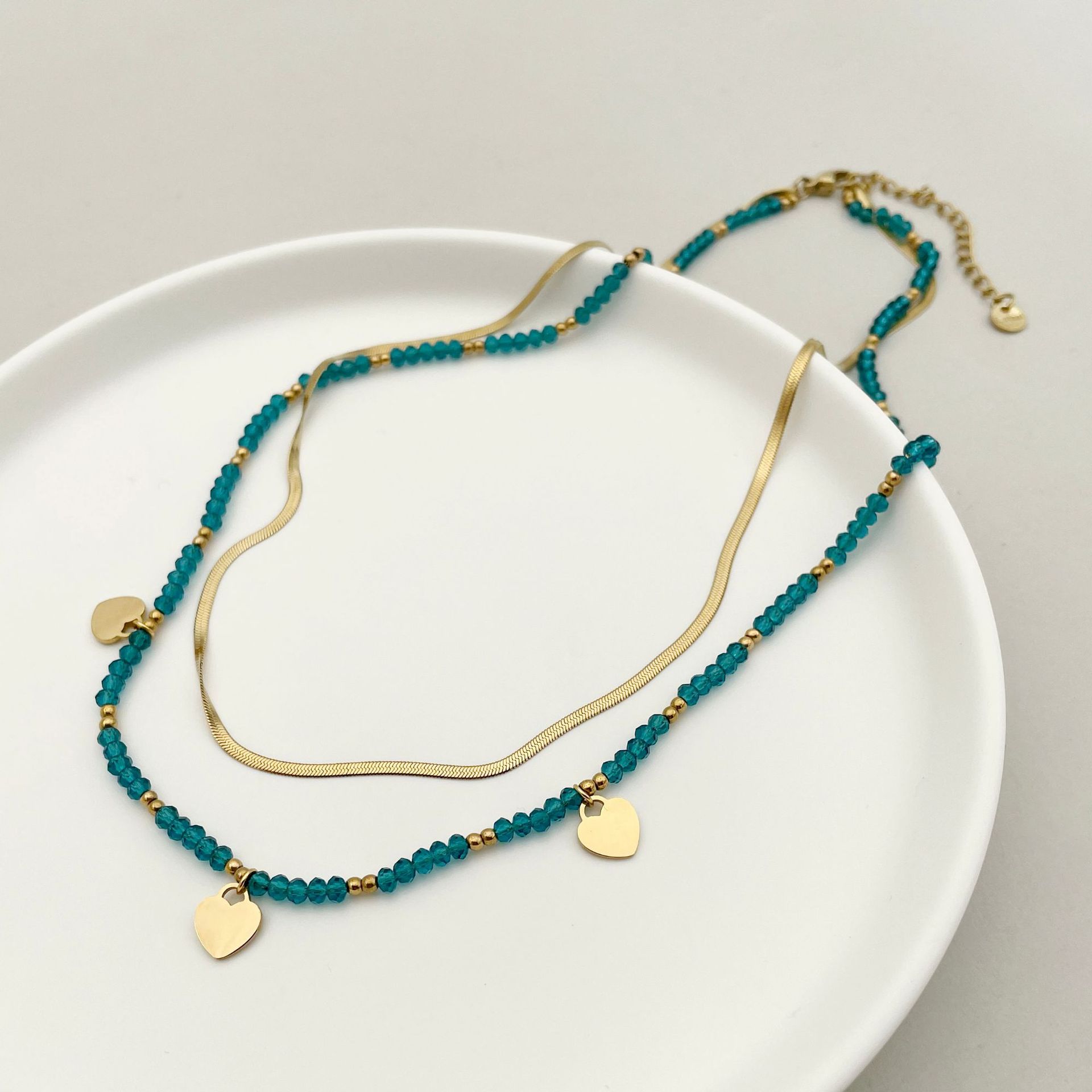 Street Occasion 304 Stainless Steel Material Wholesale Jewelry Bohemian Heart Shape 304 Stainless Steel Crystal Beads Gold Plated Plating Stainless Steel Necklaces