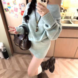 韩系穿搭纯欲露肩长袖针织衫上衣女秋冬季新款辣妹高腰短裤两件套