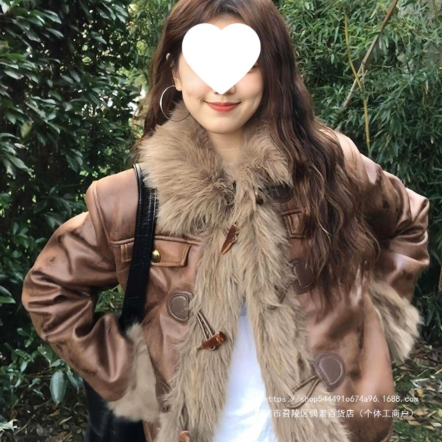 2026新款棕色仿狐狸毛环保皮草外套女冬厚皮毛一体毛绒机车服皮衣