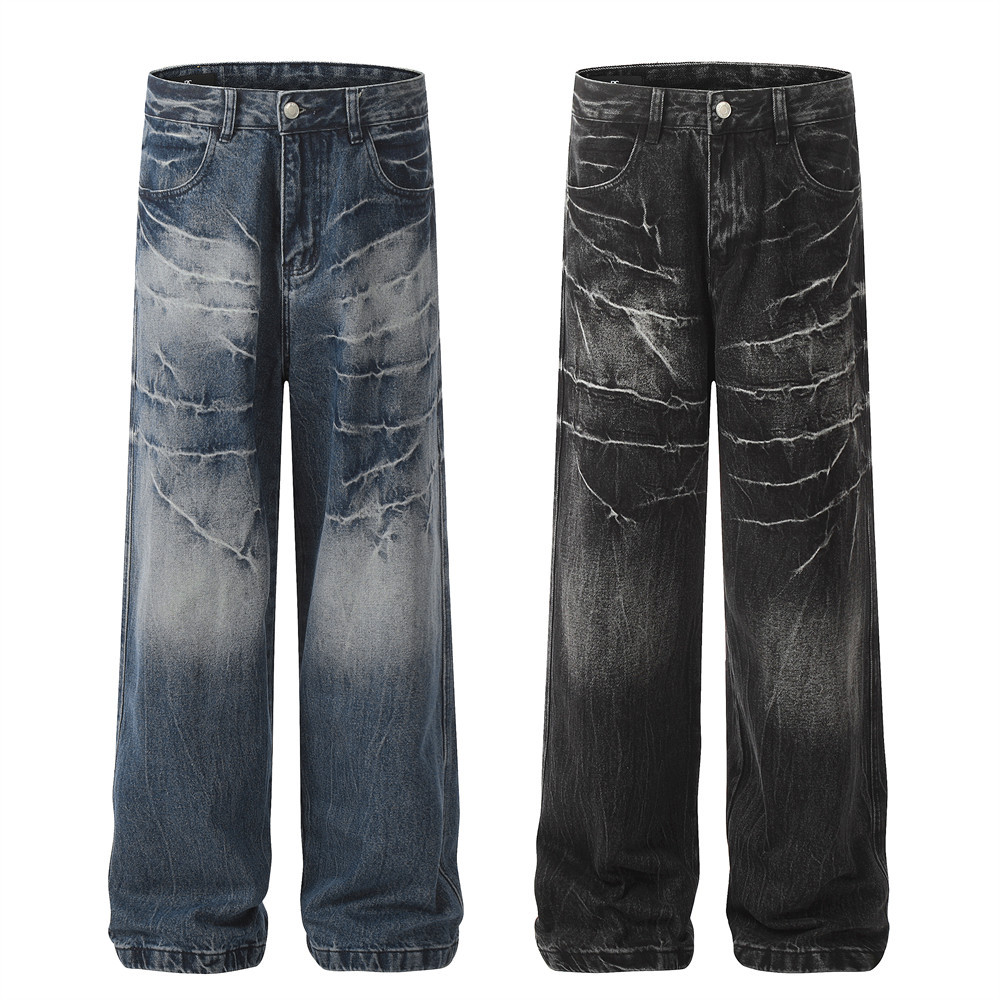 Men's Tie-Dye Gradient Jeans - High Street Vibe, Loose Fit, Wide Leg, Straight Cut, Distressed Wash, Casual Streetwear For Men (Black, Blue S-XXL)_mkmklike.com