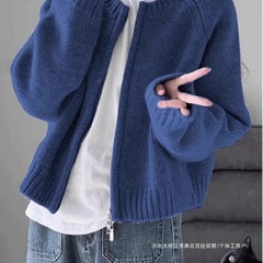 跨境蓝色毛衣外套女针织开衫软糯复古国潮牌秋季外穿拉链上衣通勤