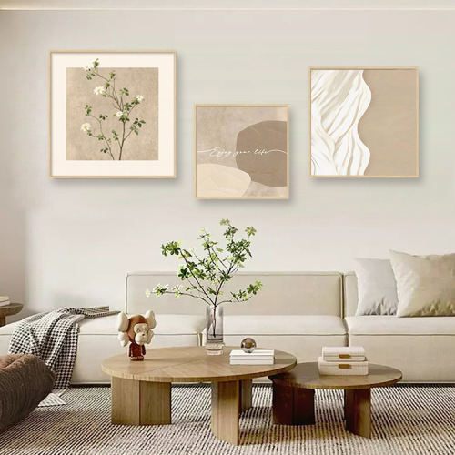 Cream Wind Living Room Decorative Painting, Japanese Original Wood Style Green Plant Sofa Background Wall Hanging Abstract Art Restaurant Mural