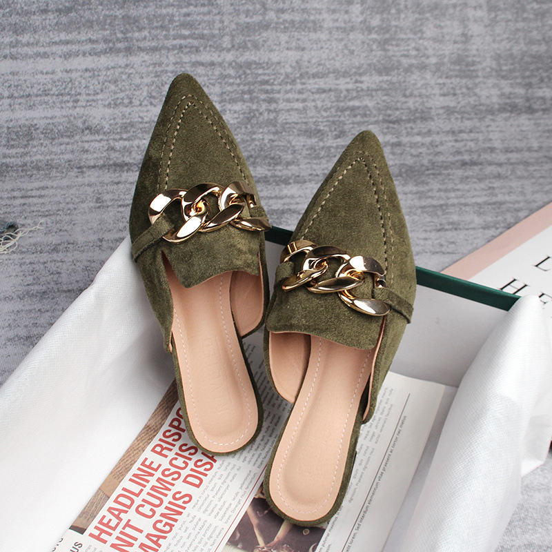 Flat half slippers women's spring and autumn new pointed metal chain Muller shoes 41-43 foreign trade shoes wholesale_voghion.com