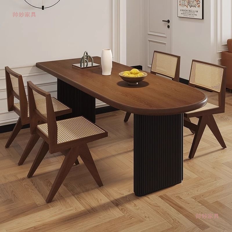 Medieval Style Walnut Color Dining Table and Chair Combination Semi-Circular Wall-Mounted Island Dining Table Solid Wood Dining Table for Home Small Apartment