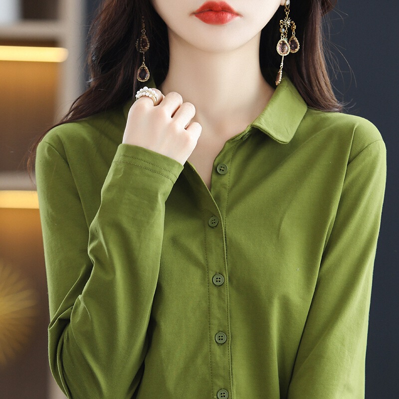 Cotton long-sleeved shirt Women's square collar elastic design sense niche fashion loose Korean style shirt polo collar cardigan