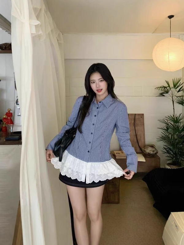 韩系气质花边拼接衬衫女秋季超好看显瘦长袖格纹衬衣百搭修身上衣|undefined