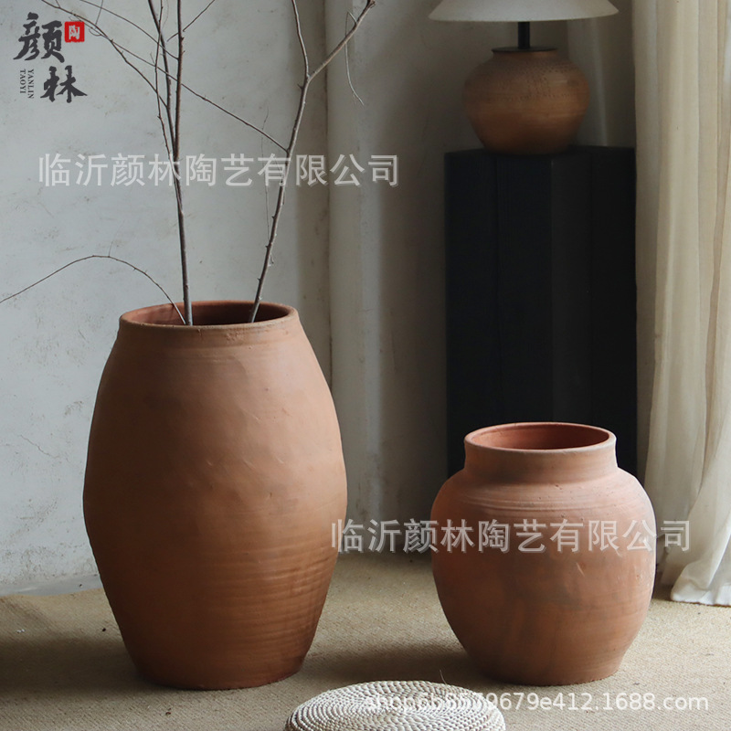 Jiaxiang Feng red set de tres piezas gran vasija de cerámica gran vasija de cerámica paisaje vasija de cerámica decoración residencial cerámica hecha a mano