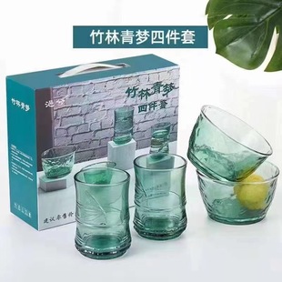 Bamboo Forest Dream Four-Piece Dark Green Glass Bowl Tableware Set Hammered Salad Bowl Jewelry Welfare Products Wholesale