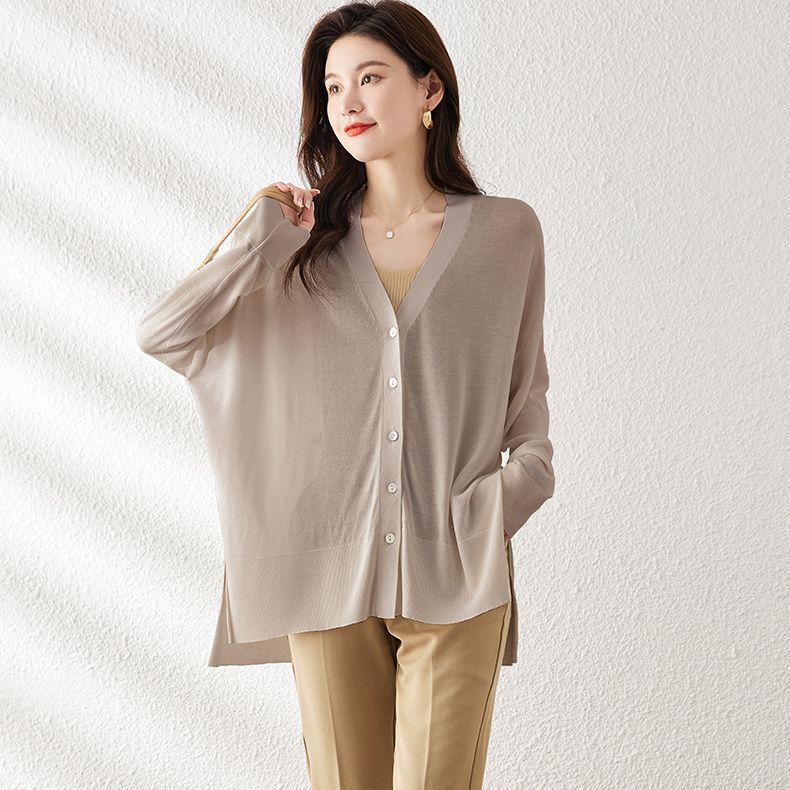 Spring and Autumn New 2024 Mulberry Silk Top Women's Long-sleeved Loose Sunscreen Ice Silk Knitted Cardigan Thin Air-conditioning Shirt for Summer Spring and Autumn New 2024 Mulberry Silk Top Women's Long-sleeved Loose Sunscreen Ice Silk Knitted Cardigan Thin Air-conditioning Shirt for Summer
