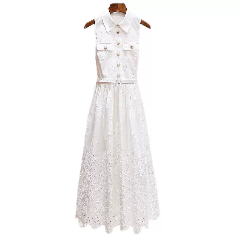 SP家早秋新款高端女装设计感收腰气质显瘦刺绣镂空无袖背心连衣裙