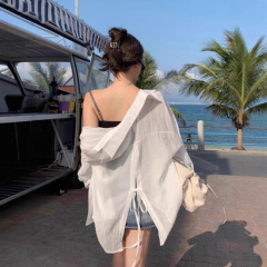 日焼け止め服女性 2025 夏薄型通気性海辺白日焼け止めシフォンシャツバックレスレースアップカーディガントップ