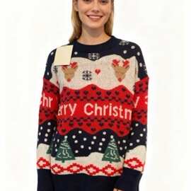 速卖通外贸跨境圣诞毛衣秋冬新款圣诞树复古休闲宽松针织套头衫女