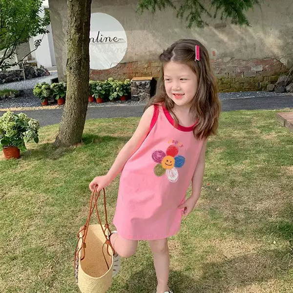 Girls' Vest Dress, Baby Girl's Summer Pure Cotton Floral Print Color-Blocked Dress, Kidsren's Stylish Sleeveless T-Shirt Dress
