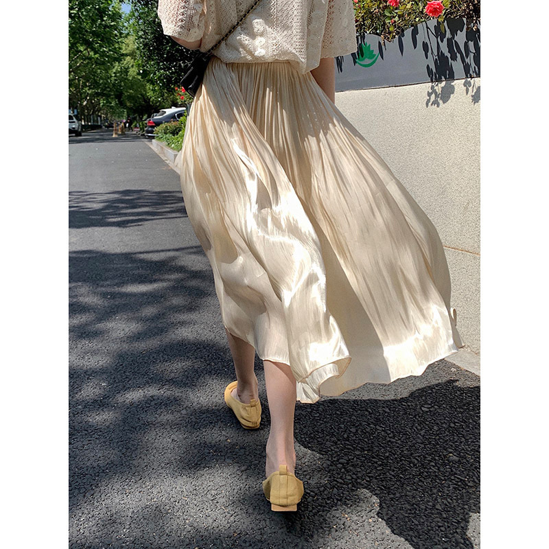Mermaid Skirt Women's Small Mid-length Skirt Spring and Summer New Apricot Streamed High Waist A- line Skirt Umbrella Skirt