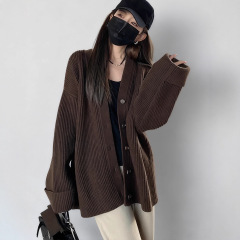 复古V领纯色毛衣外套女2025秋冬新款韩版宽松简约慵懒风针织开衫