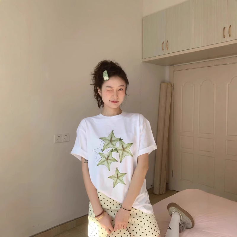 South Korea Niche White Short-sleeved T-shirt Women's Summer Fun Carambola Printed Loose Casual Heavy Cotton Top Ins