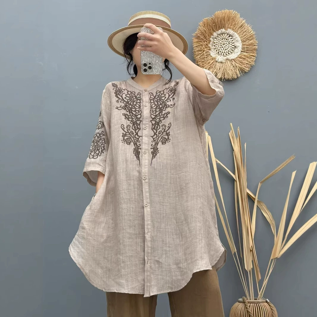 Кардиган с круглым воротником, рубашка, oversize, с вышивкой