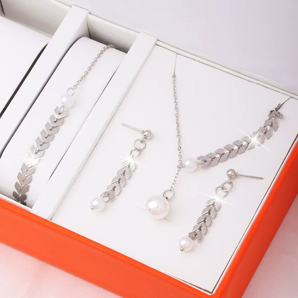 European and American Cross-Border Hot-Selling Simple and Fashionable Adjustable Y-Shaped Wheat Ear Pearl Necklace Bracelet Earrings Women's Long 3-Piece Set