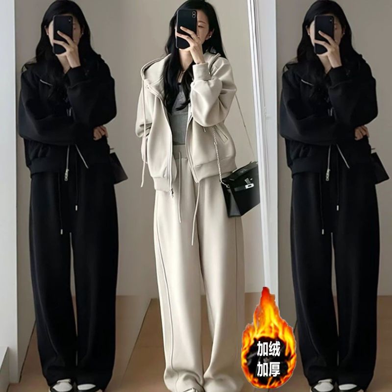加绒加厚运动套装女冬季韩版宽松显瘦时尚卫衣休闲两件套跑步服潮|undefined