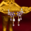 Design purple sophisticated zirconium, advanced retro earrings, flowered, french style, light luxury style, high-quality style