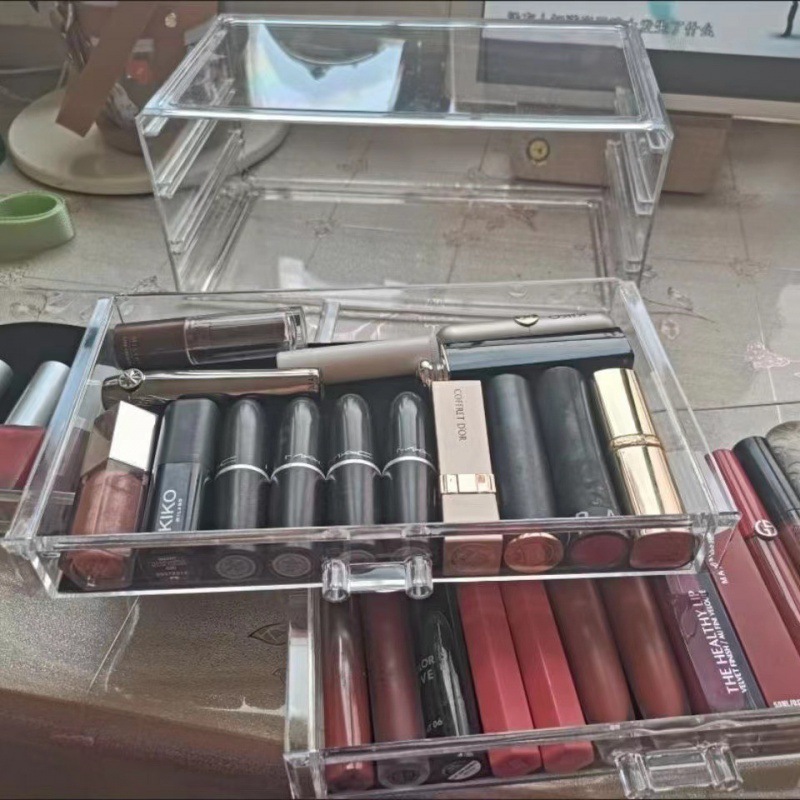 Desktop cosmetic storage box transparent drawer lipstick brush box dustproof acrylic vanity organizer storage rack
