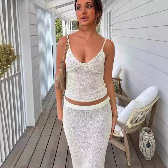 국경 간 유럽과 미국 의류 캐주얼 비치 정장 스커트 섹시한 서스펜더 스커트 정장 오프 숄더 여름 롱 스커트 v 스커트