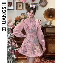 法式温柔公主风花边拼接连衣裙女冬季新款甜美减龄收腰显瘦短裙子