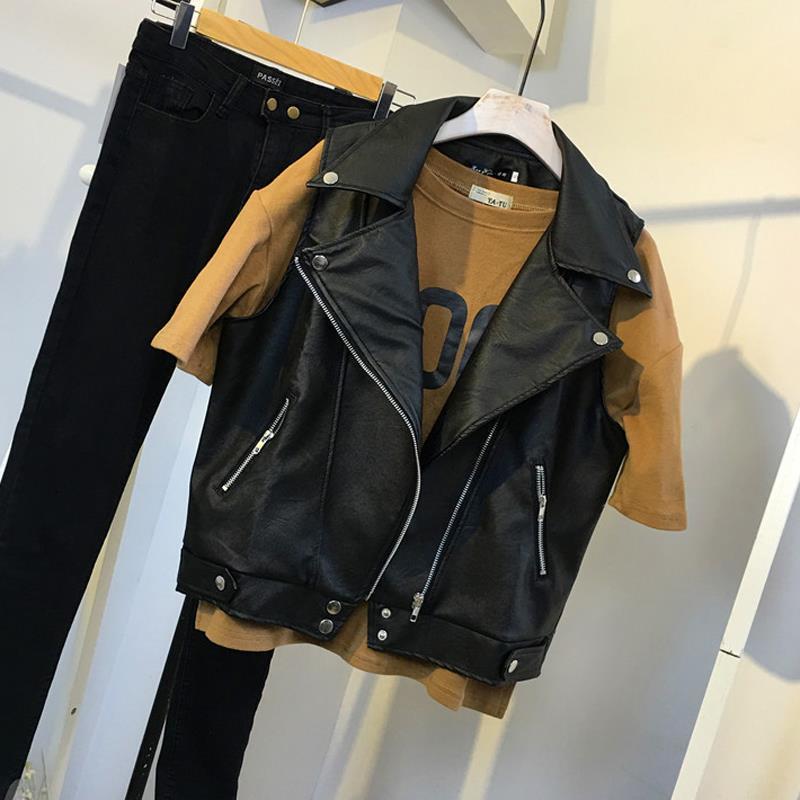 Spring PU Leather Jacket Female Student Korean Loose Slim Short Top All-match Motorcycle Vest Leather Vest Fashionable Vest