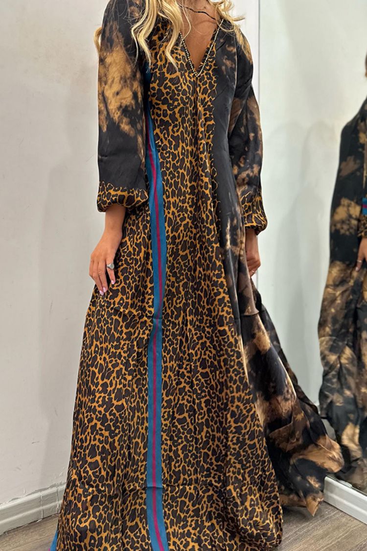 Autumn Winter V neck Loose Leopard Print Large Long Casual Long Sleeved Dress for Women 5 Autumn Winter V neck Loose Leopard Print Large Long Casual Long Sleeved Dress for Women