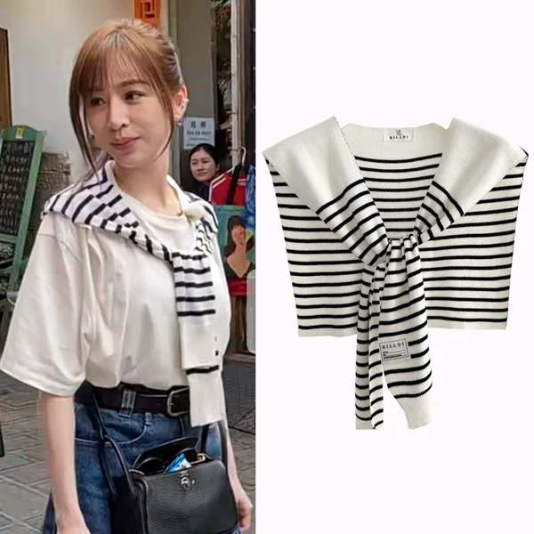 Wang Xinling same striped knitted shawl women's spring and autumn outer matching shirt T-shirt waistcoat air-conditioned room neck protection
