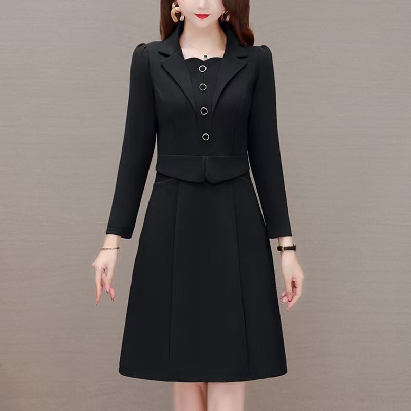 春秋2025新款中年时尚西装领假两件连衣裙洋气妈妈显瘦打底裙子女