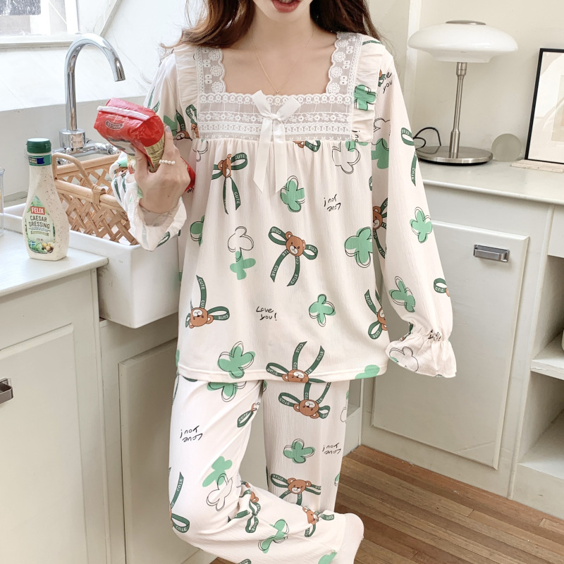 Popular fresco volantes pijamas para las mujeres primavera y otoño dulce princesa estilo manga larga más tamaño casual Home wear