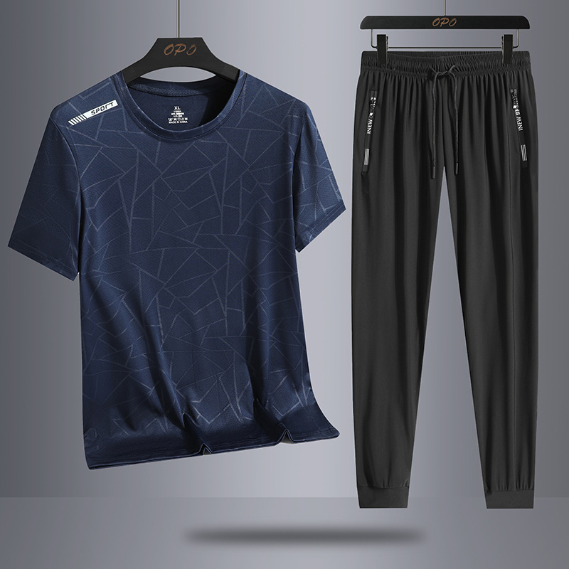 Traje de ocio de seda de hielo de verano para hombres, deportes al aire libre, hombres sueltos, pantalones de camiseta de cuello redondo de secado rápido transpirable de dos piezas