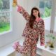 Spring and Summer New Leopard Print Black Leather Kitty Ice Silk Long Sleeve Pajamas Two-Piece Set Cartoon Carmable Outwear Home Clothes