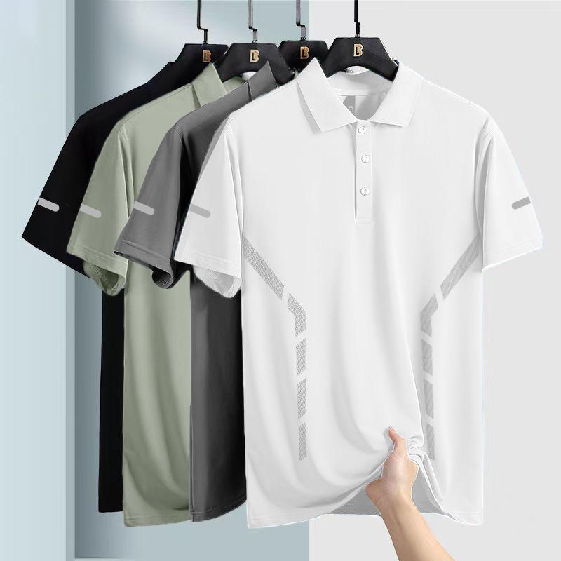 Polo de seda de hielo de verano para hombre, solapa, manga corta, cuello de polo de color sólido de negocios, manga corta, cómoda, versátil, transpirable