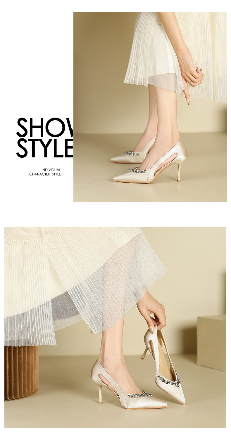 Sandal cao gót nữ mũi nhọn hở mũi đính đá rhinestone cổ chữ V — Màu đen chi tiết 5