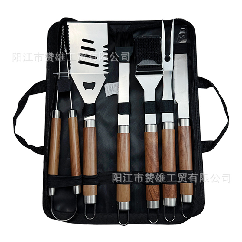Juego de herramientas de barbacoa de mango de tubo grande de acero inoxidable de grano de madera Combinación de herramientas de barbacoa para exteriores Juego de barbacoa para hornear
