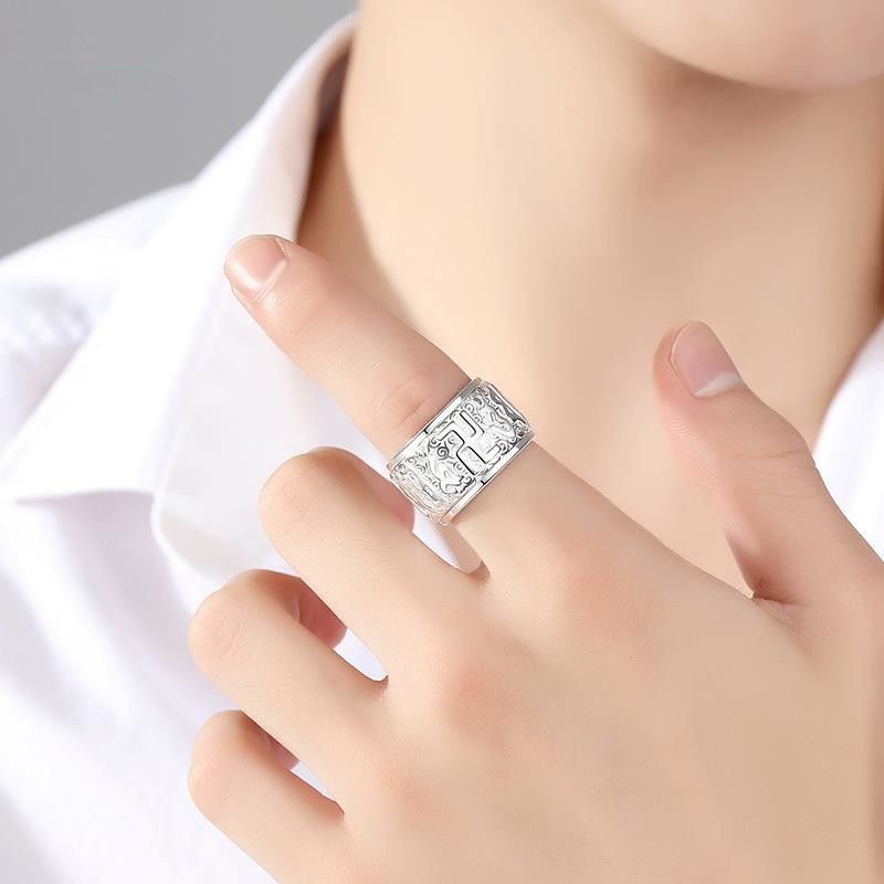 S999純銀戒指男士可轉動六字真言寬版指環霸氣個性復古旋轉解壓