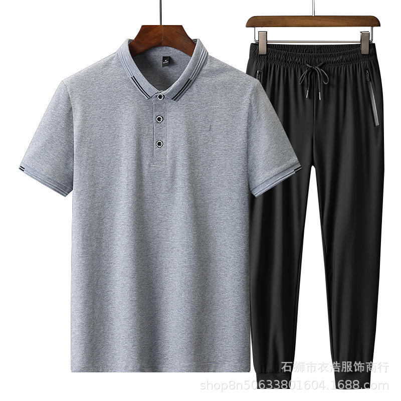 Traje deportivo para hombre, camisa POLO informal de manga corta de verano para hombres de mediana edad, pantalones de seda helada de talla grande, conjunto de dos piezas elástico de secado rápido