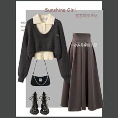 秋季大码套装女2025新款设计感毛衣针织背心显瘦百搭半身裙三件套