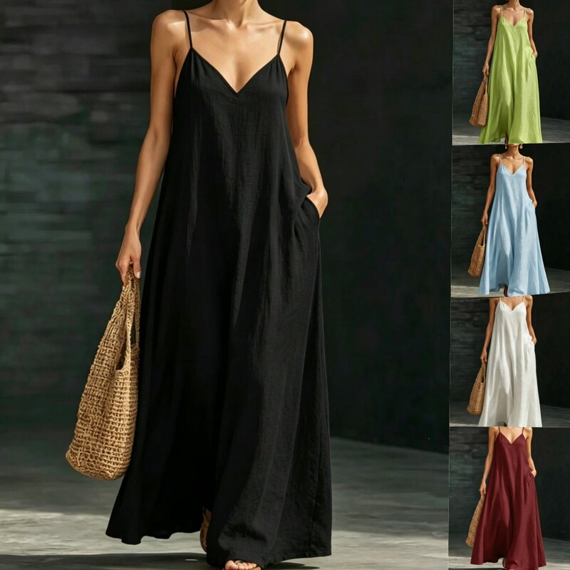 Cross-Border Foreign Trade Summer Dress 2026 New Style V-Neck Strap Long Dress Casual Fashion Large Hem Solid Color Long Dress for Women