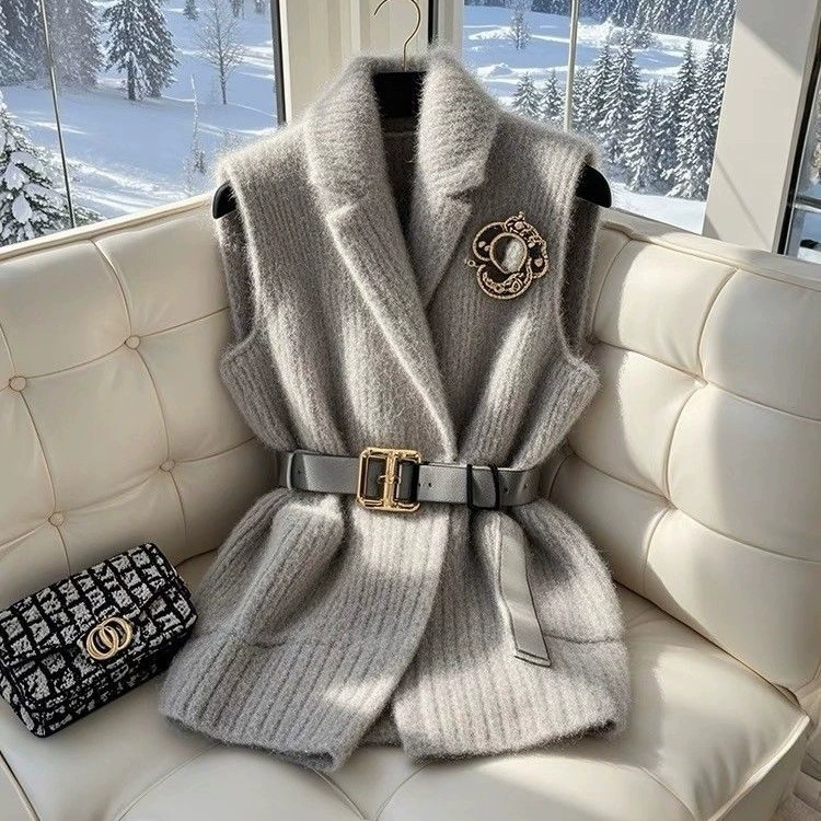 Новый 2025: женский серый вязаный жилет-свитер в западном и европейском стиле, утягивающий талию, большой размер, для весны