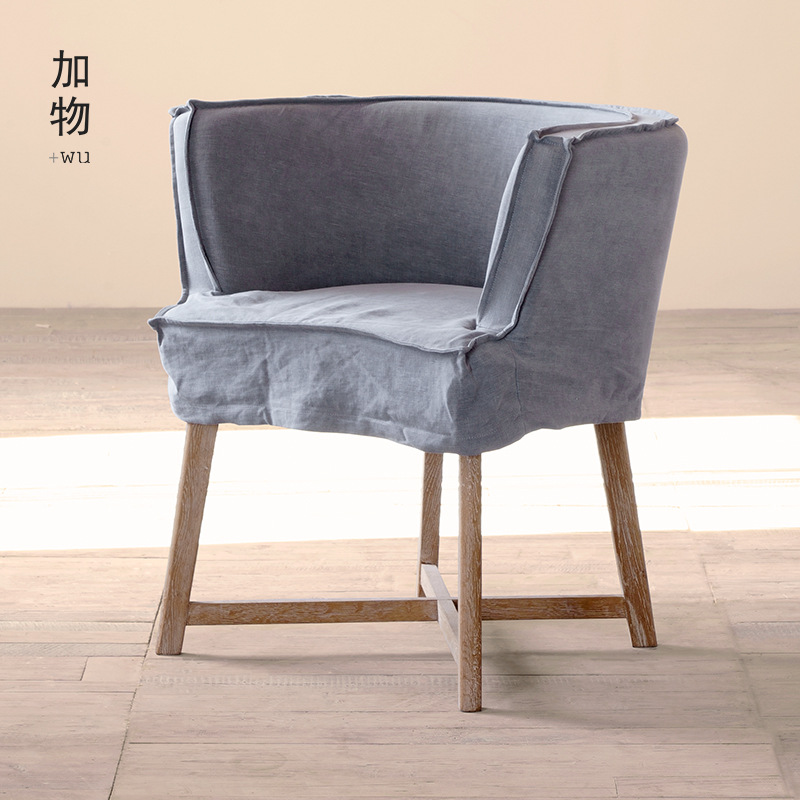 | American Country Retro Oak Cotton and Linen Chair Dining Chair with Silent Wind Washing Cotton and Linen Restaurant Room Chair