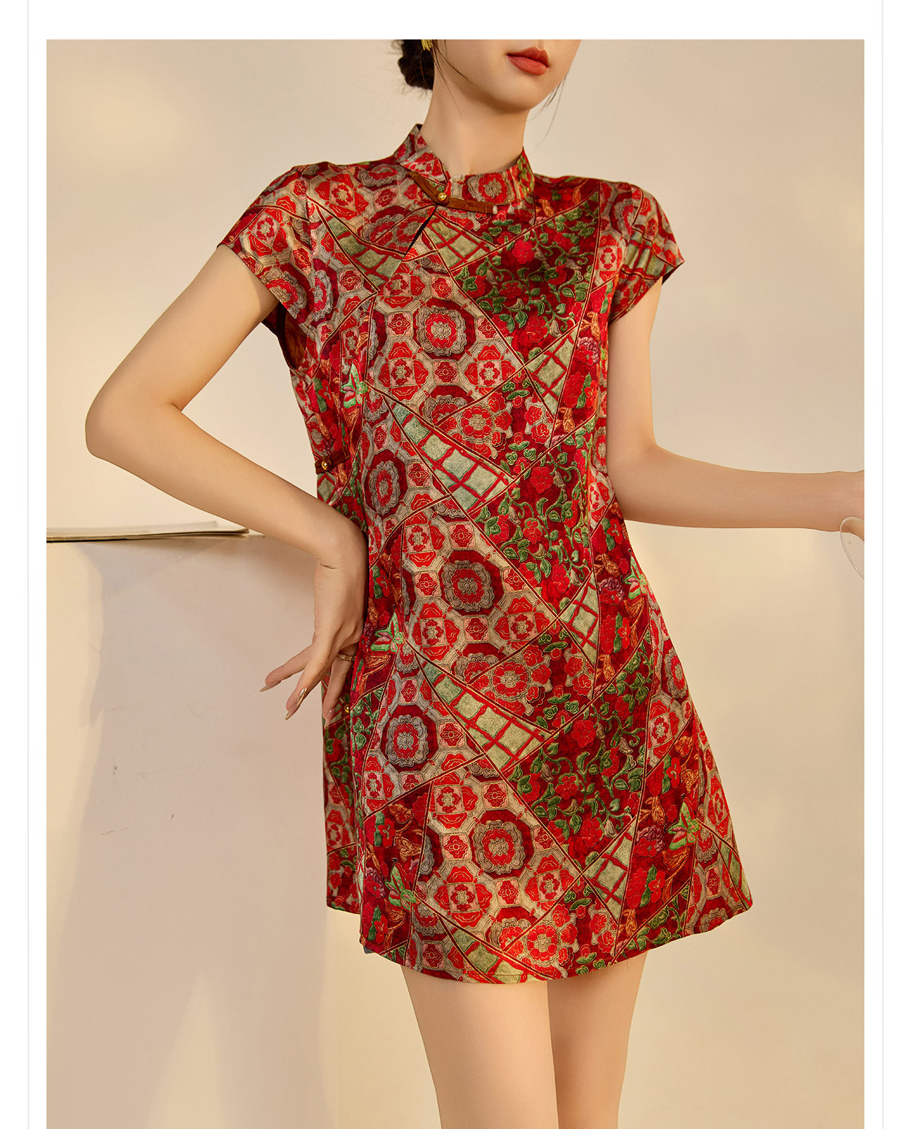 Đầm suông midi chữ A vải rayon thêu hoa cách tân cổ điển Trung Quốc — Màu đỏ san hô, Màu caramel chi tiết 13