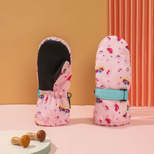 Children's Ski Gloves with Fun Print, Unisex Waterproof Windproof Warm Snow Play Mittens, Cute Ski Gloves